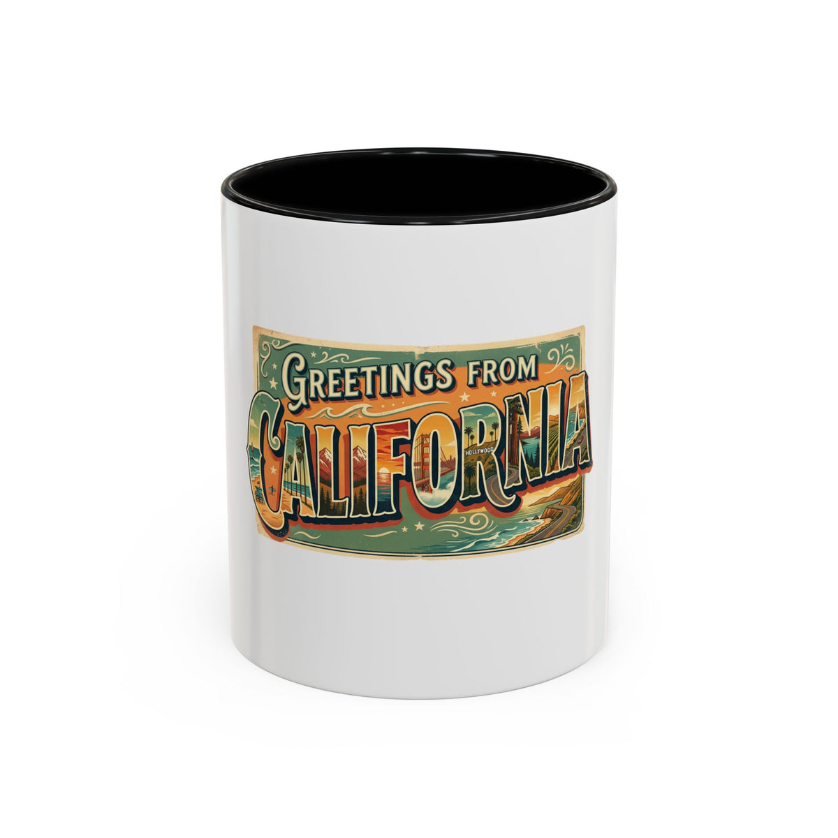 Greetings From California Accent Coffee Mug — Vintage Postcard Travel Design