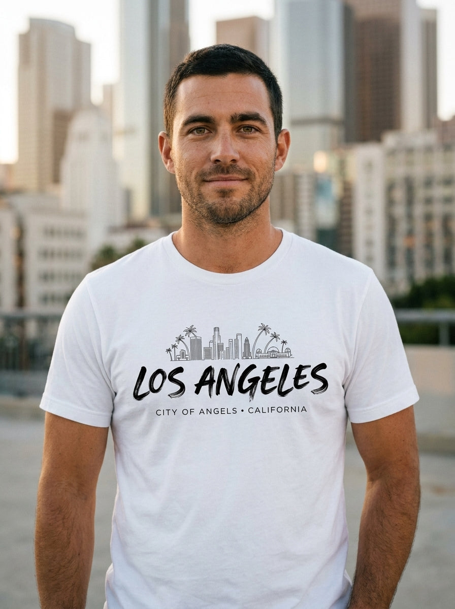 Man wearing LA Skyline Retro Script t-shirt in Downtown LA