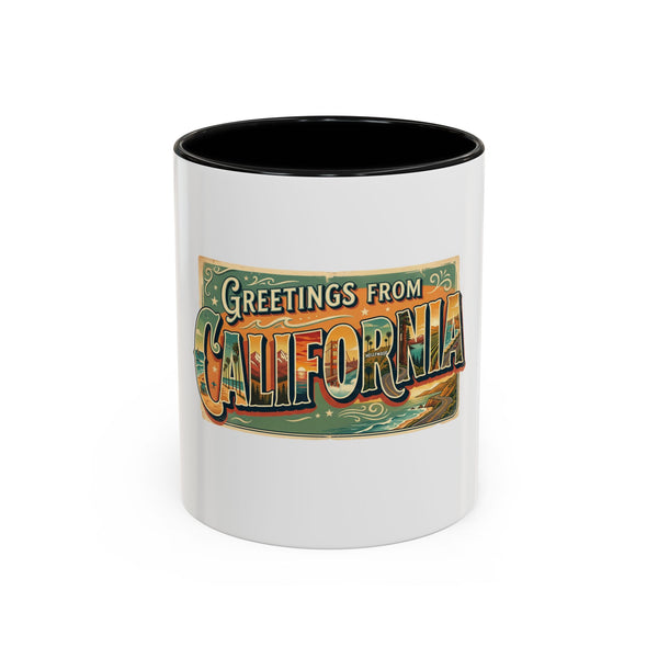 Greetings From California Accent Coffee Mug — Vintage Postcard Travel Design