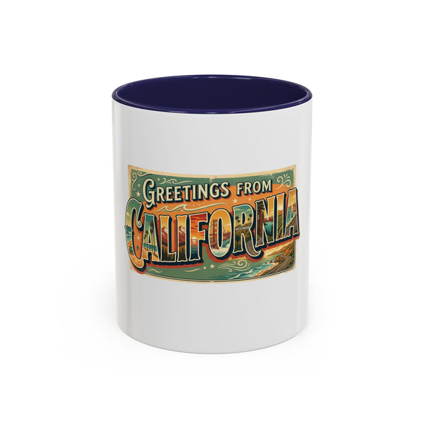 Greetings From California Accent Coffee Mug — Vintage Postcard Travel Design