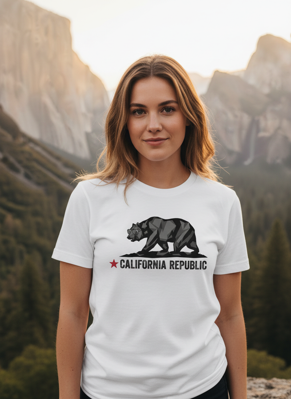 Woman wearing California Republic Bear vintage grayscale graphic tee in Yosemite