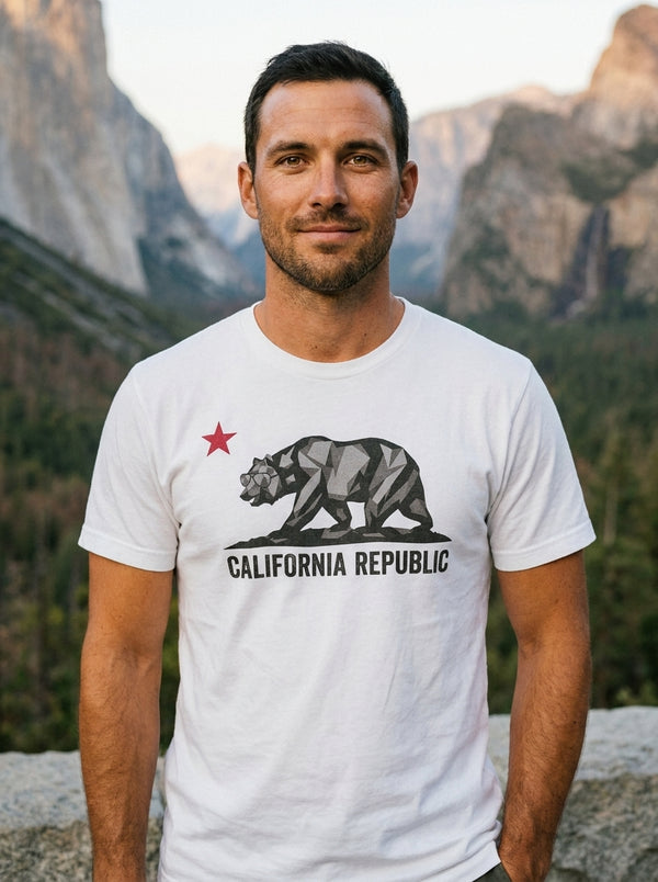 Man wearing California Republic Bear vintage grayscale graphic tee in Yosemite