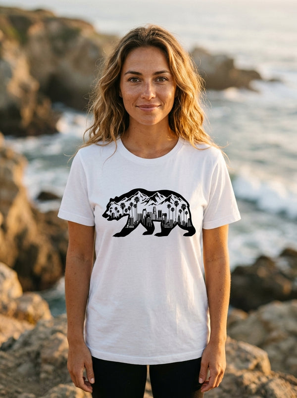 Woman wearing California Bear Scenic Skyline t-shirt in California coast