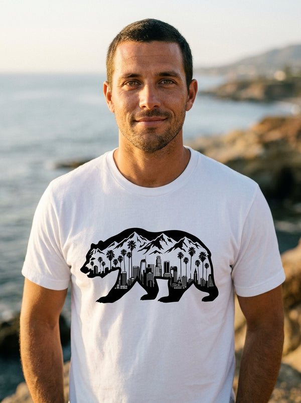 Man wearing California Bear Scenic Skyline t-shirt in California coast