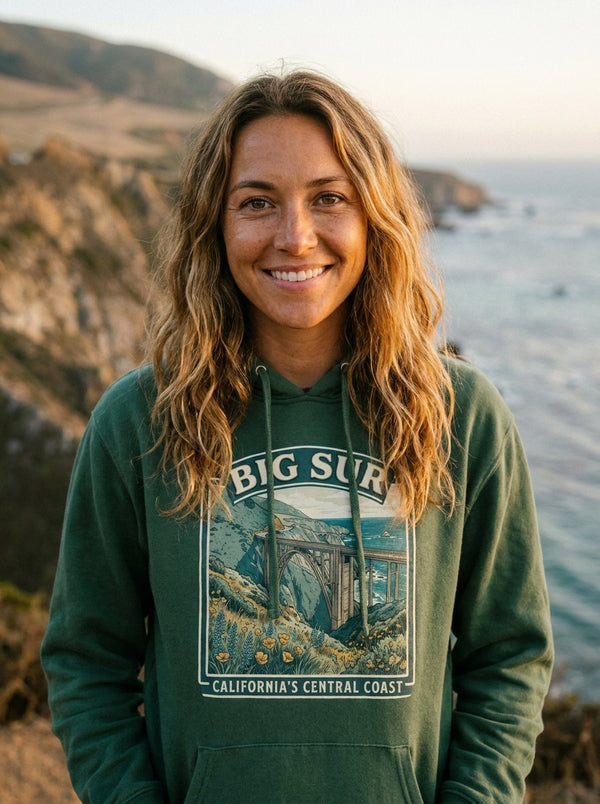 Woman wearing Big Sur Vintage Travel Hoodie t-shirt in Big Sur coast