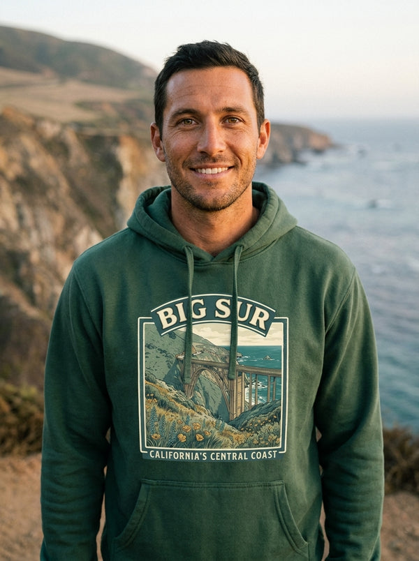 Man wearing Big Sur Vintage Travel Hoodie t-shirt in Big Sur coast