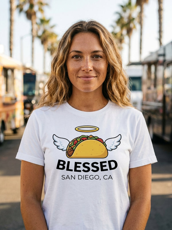 Woman wearing Blessed Taco San Diego t-shirt in San Diego