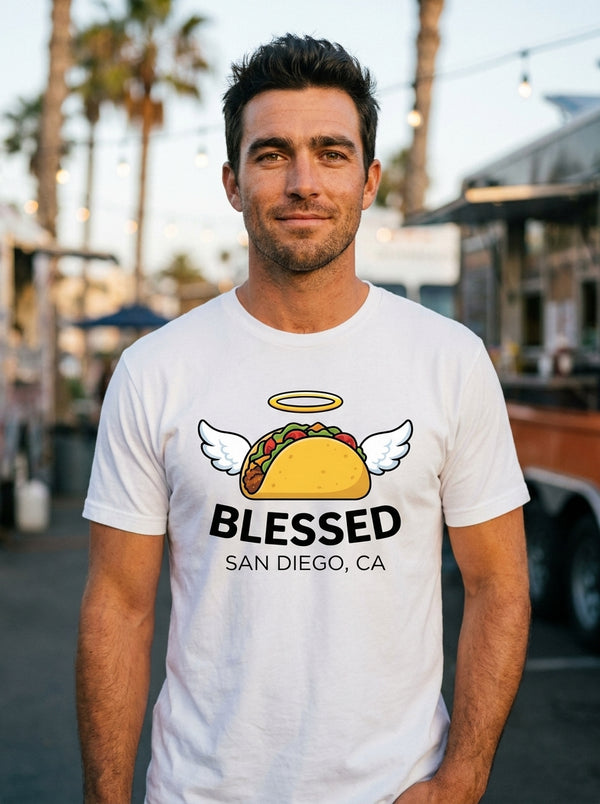 Man wearing Blessed Taco San Diego t-shirt in San Diego