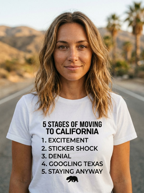 Woman wearing California Move 5 Stages t-shirt in California highway