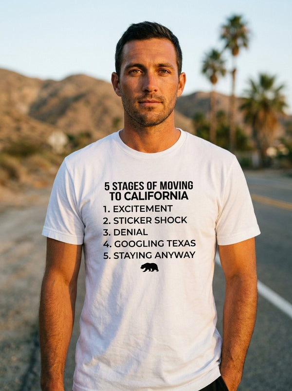 Man wearing California Move 5 Stages t-shirt in California highway