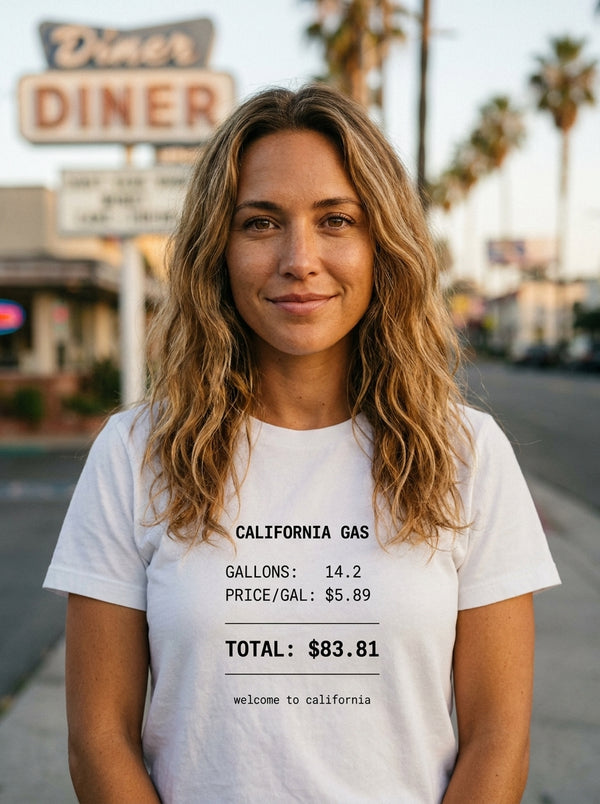 Woman wearing California Receipt Tee t-shirt in LA street