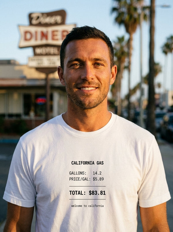 Man wearing California Receipt Tee t-shirt in LA street
