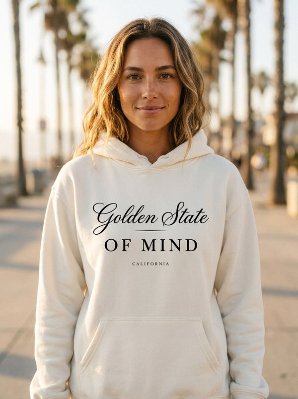 Woman wearing Golden State of Mind Hoodie t-shirt in California boardwalk