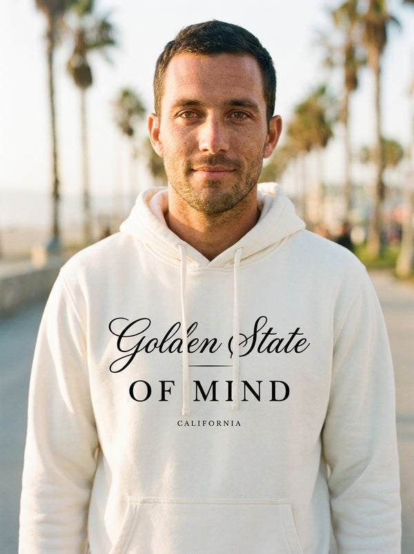 Man wearing Golden State of Mind Hoodie t-shirt in California boardwalk