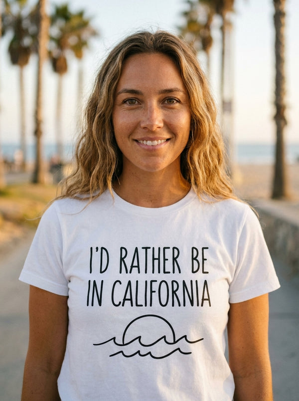 Woman wearing Id Rather Be In California t-shirt in California beach boardwalk