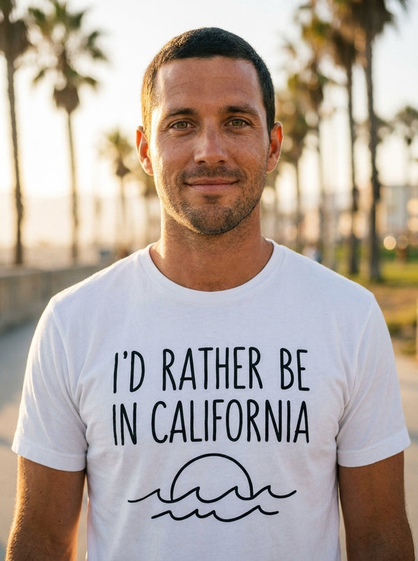 Man wearing Id Rather Be In California t-shirt in California beach boardwalk