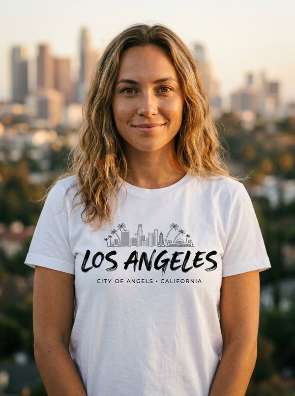 Woman wearing LA Skyline City of Angels t-shirt in Hollywood Hills