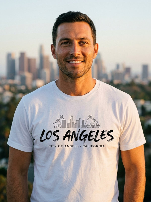 Man wearing LA Skyline City of Angels t-shirt in Hollywood Hills