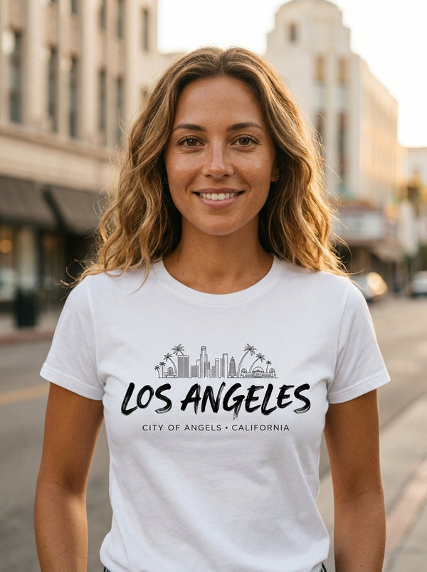 Woman wearing LA Skyline Retro Script t-shirt in Downtown LA