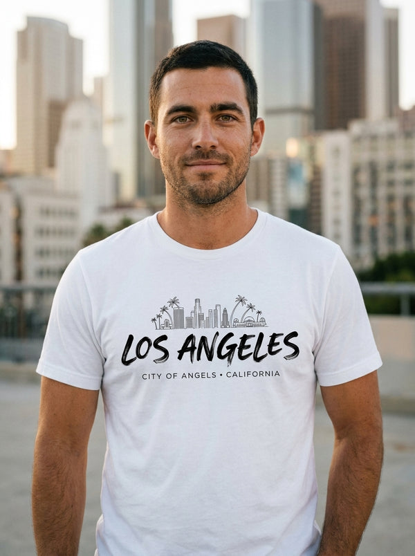 Man wearing LA Skyline Retro Script t-shirt in Downtown LA