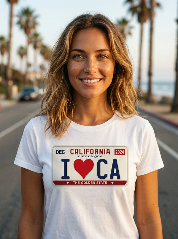 Woman wearing California I CA License Plate t-shirt in California coastal road