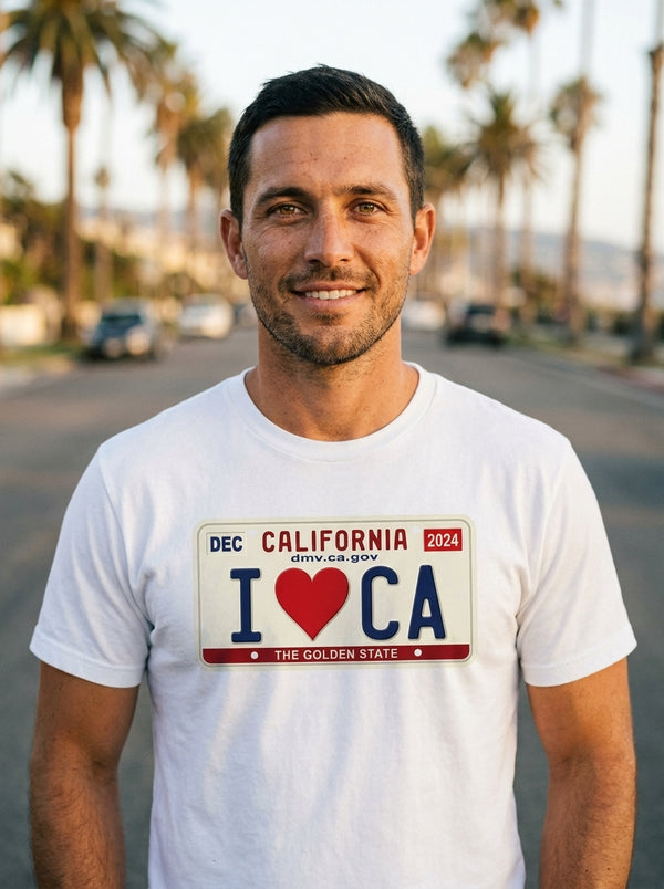 Man wearing California I CA License Plate t-shirt in California coastal road
