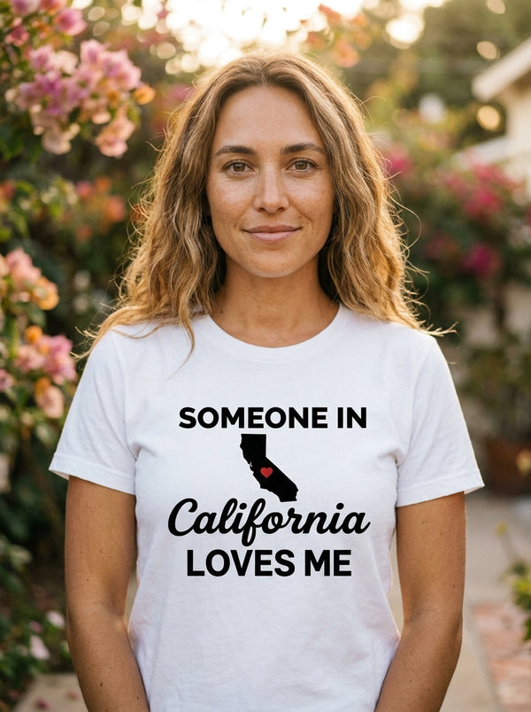 Woman wearing California Loves Me t-shirt in California patio