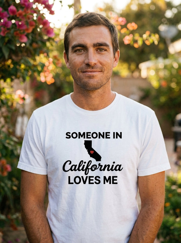 Man wearing California Loves Me t-shirt in California patio