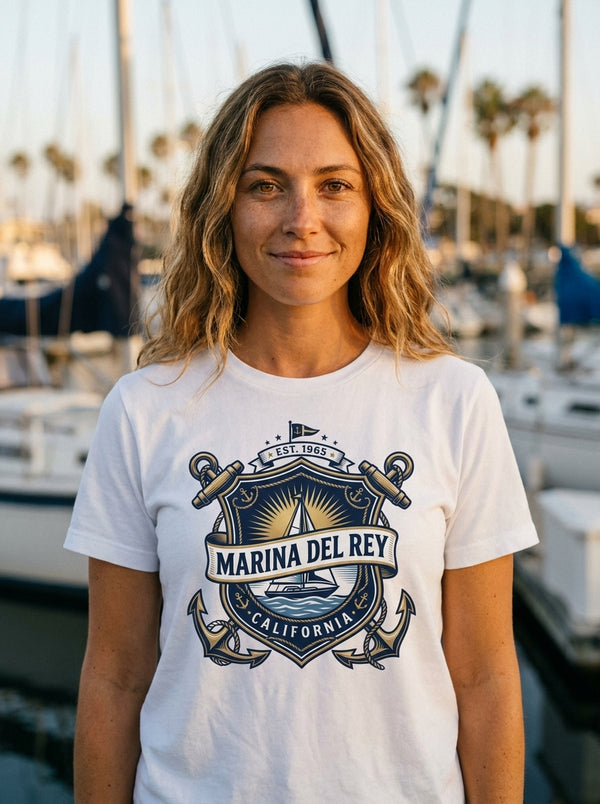 Woman wearing Marina Del Rey Anchor Crest t-shirt in Marina Del Rey