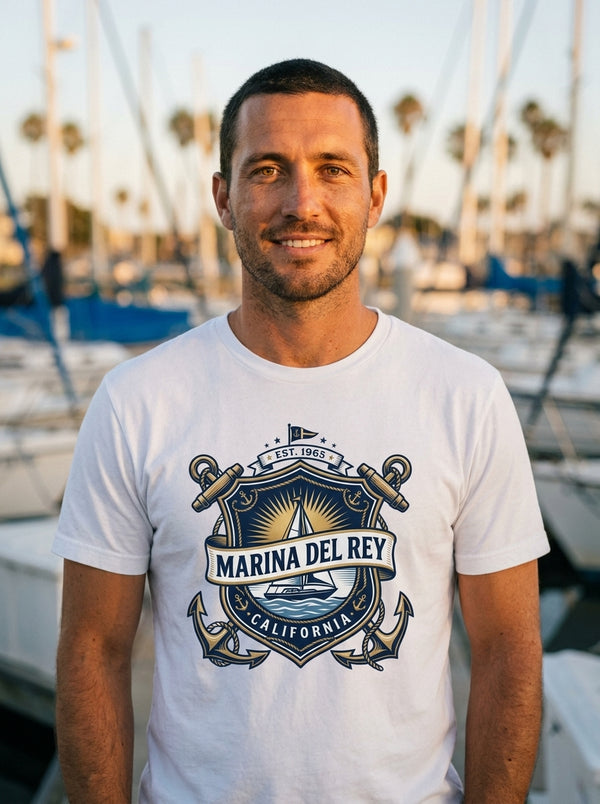 Man wearing Marina Del Rey Anchor Crest t-shirt in Marina Del Rey