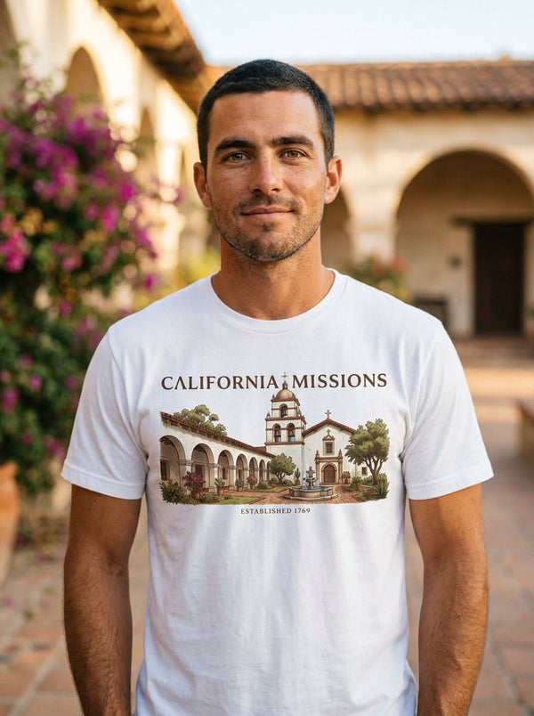 Man wearing California Mission Vintage t-shirt in California Mission