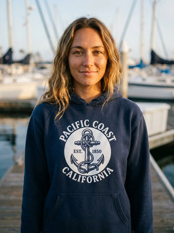 Woman wearing Pacific Coast California Anchor Hoodie t-shirt in California harbor