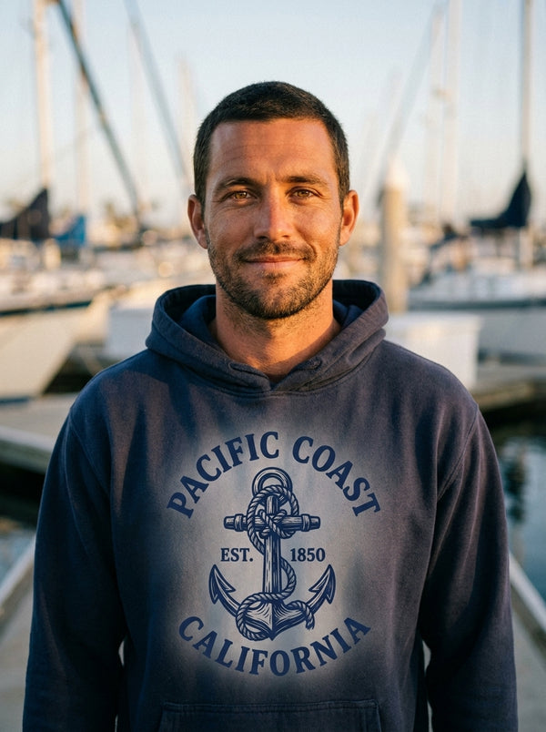 Man wearing Pacific Coast California Anchor Hoodie t-shirt in California harbor