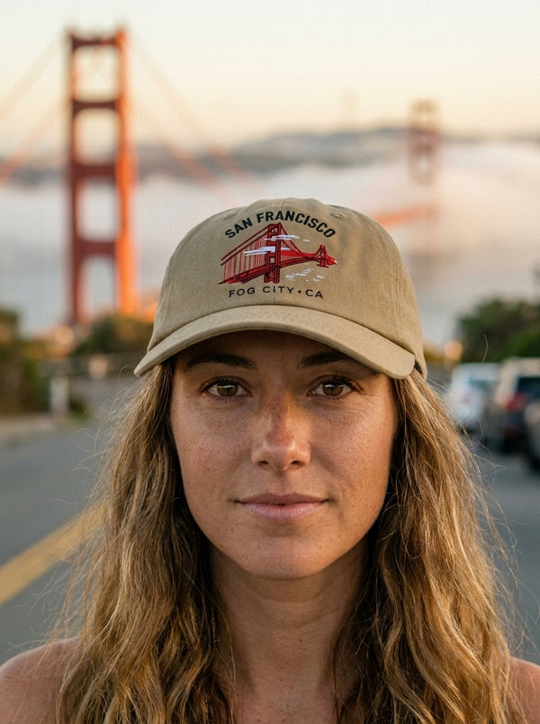 Woman wearing San Francisco Golden Gate Bridge Fog City baseball cap