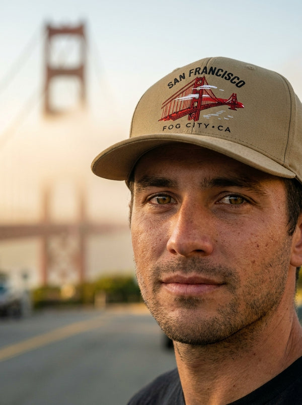 Man wearing San Francisco Golden Gate Bridge Fog City baseball cap