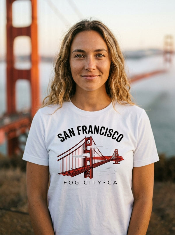 Woman wearing SF Fog City Tee t-shirt in San Francisco