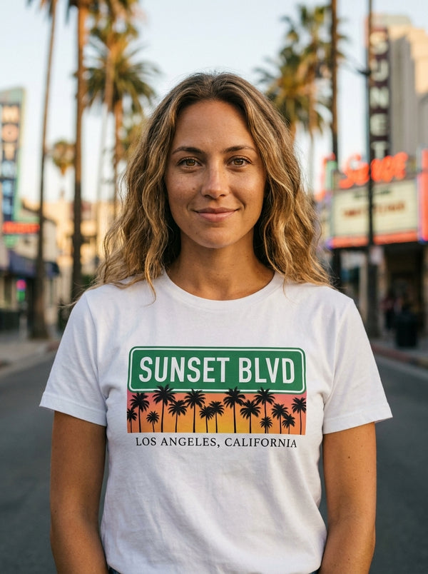 Woman wearing LA Sunset Blvd Palm Tree t-shirt in Sunset Boulevard LA
