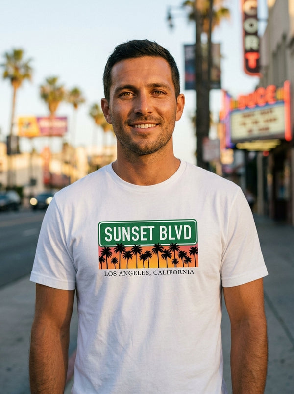 Man wearing LA Sunset Blvd Palm Tree t-shirt in Sunset Boulevard LA