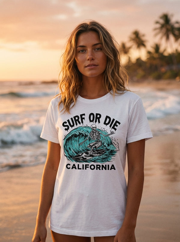 Woman wearing Surf or Die California vintage surfboard wave tee at the beach
