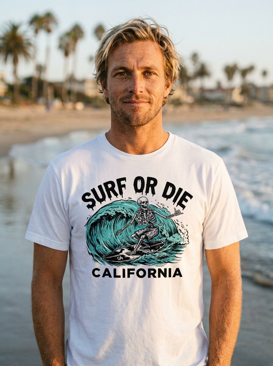 Man wearing Surf or Die California vintage surfboard wave tee at the beach
