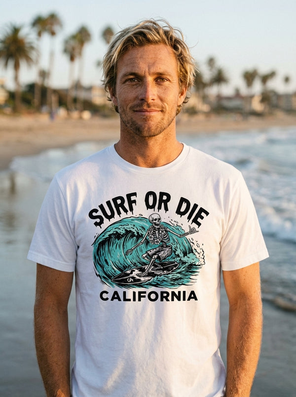 Man wearing Surf or Die California vintage surfboard wave tee at the beach
